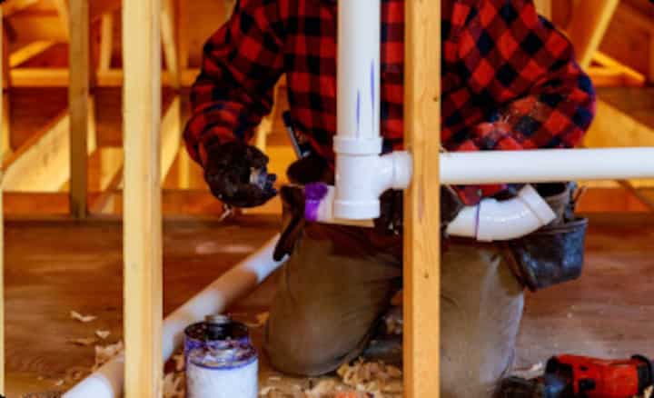 A residential plumbing expert in Roseville wears black gloves to inspect an opened PVC pipe with purple solution around the openings.